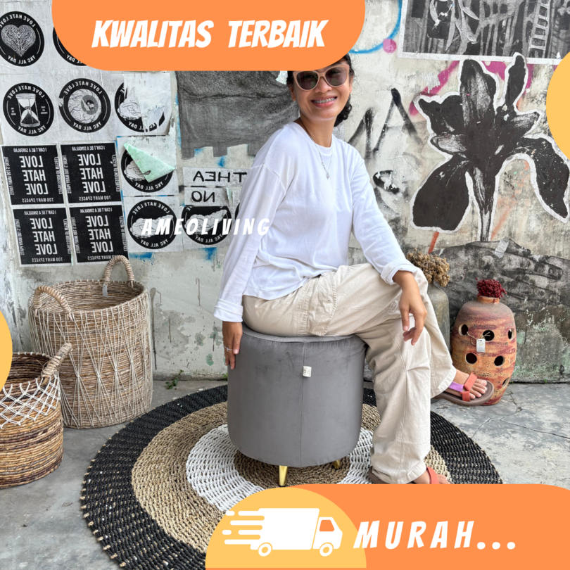 Stool Bulat Mercy D40cm Kancing Kristal - Stool Kaki Besi Emas - Stool Murah - Stool Dewasa - Kursi 