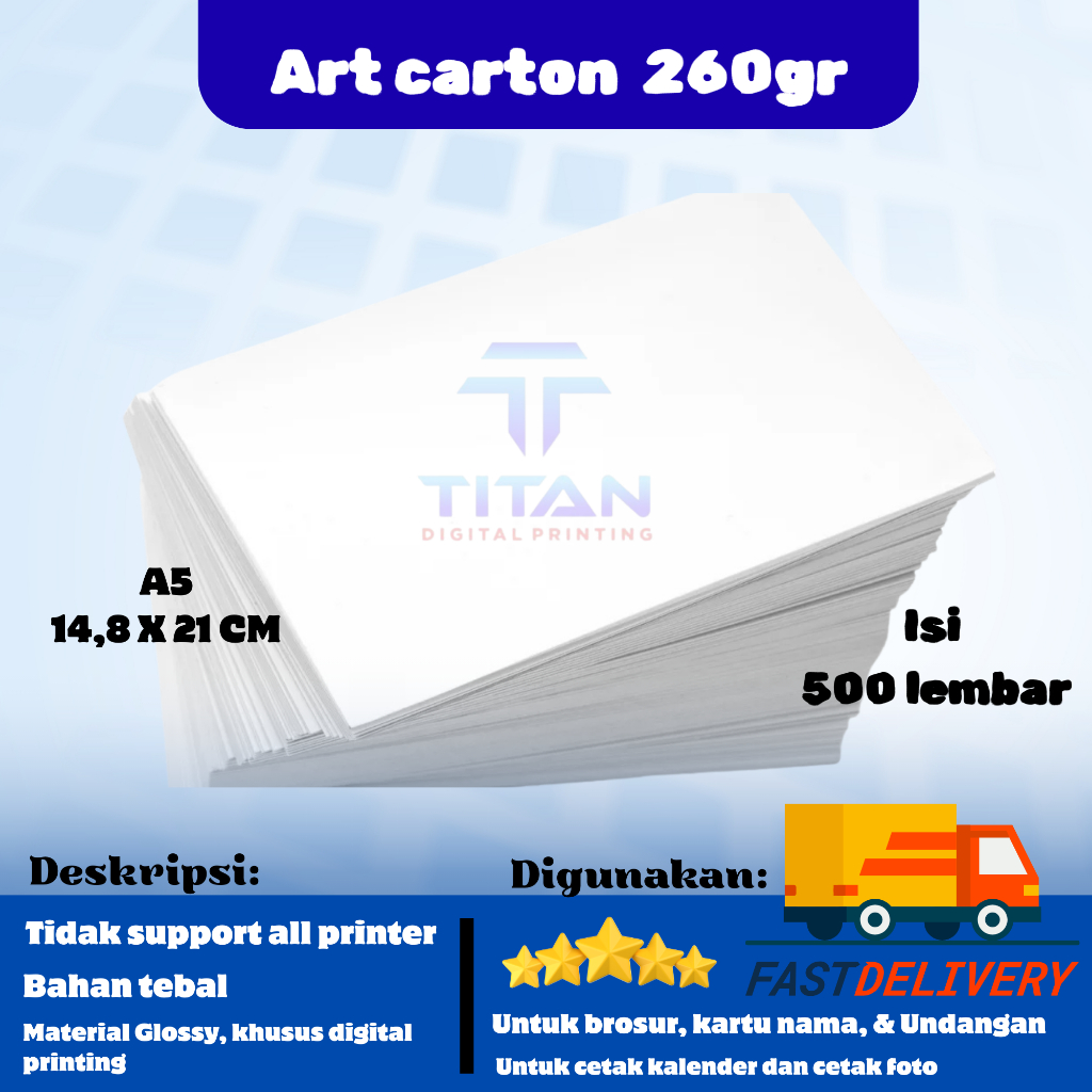 

Art Carton A5 260 gsm isi 500 lembar / Kertas Art Carton A5 / Kertas Karton A5