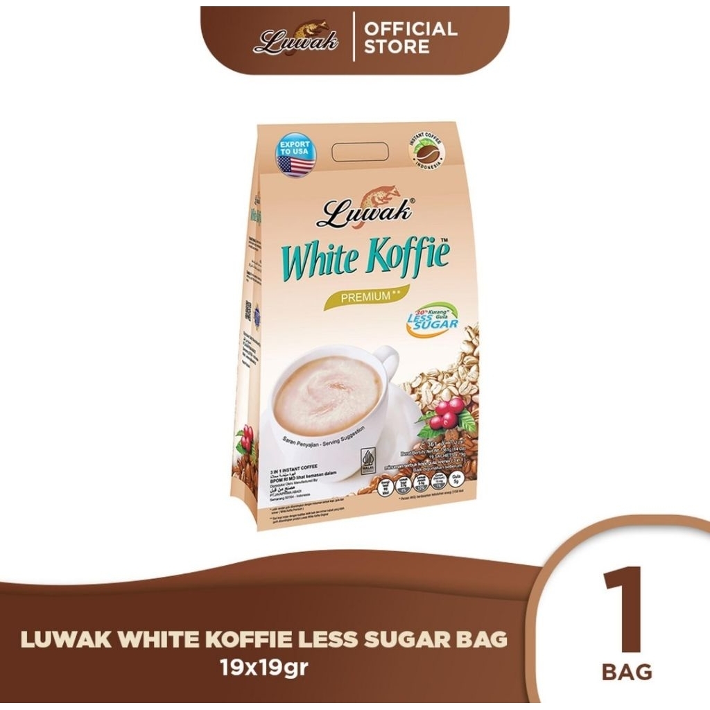 

Kopi Luwak White Koffie Less Sugar 1 Bag ( 19 x 19 ) gram