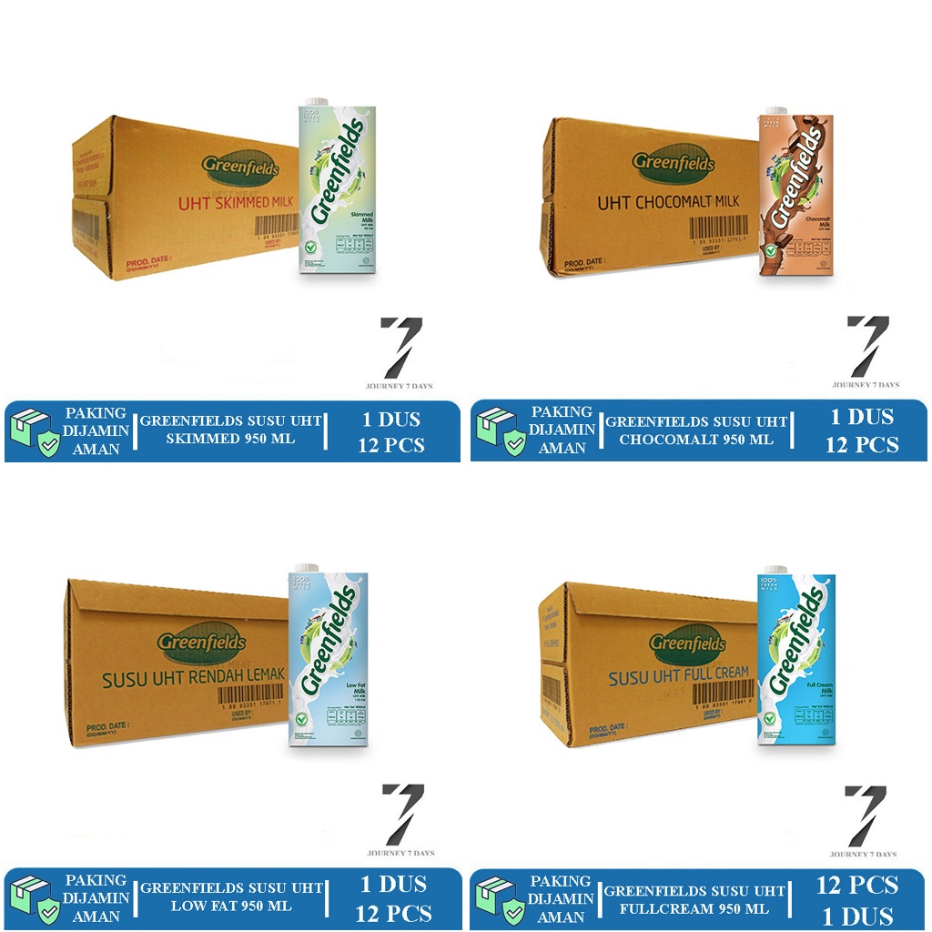 

GREENFIELDS ANEKA SUSU 950 ML UHT DUS ISI 12 PCS JOURNEY 7 DAYS DENGAN PAKING AMAN