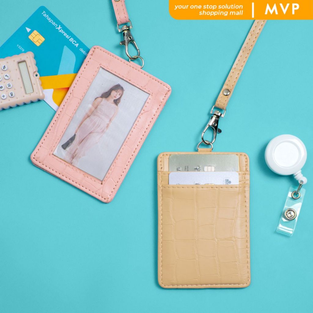 

MVP Name Tag Croco ID Card Holder Crocodile Kulit Lanyard Kerja PU Leather Lanyard abu-abu