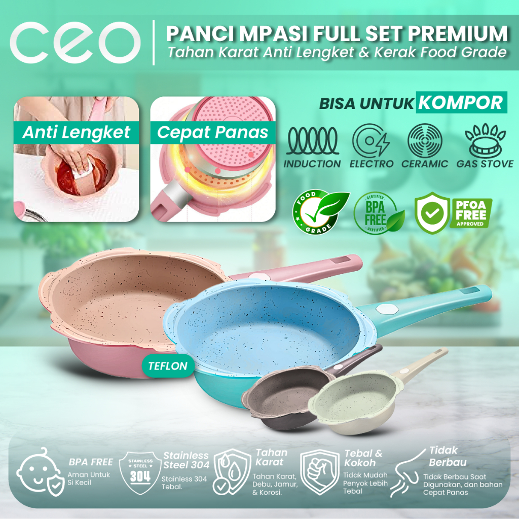 CEO Teflon Mpasi Bayi Panci Frypan serbaguna tahan lengket dengan pengukus baby cookware Coating