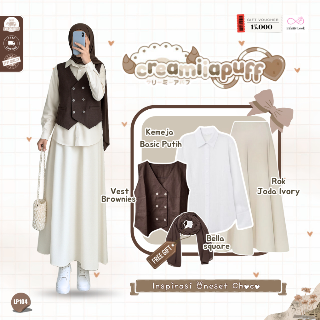 Dira  Baju Rok Wanita | Hijab + Vest Brownies + Kemaja + Rok Joda Ivory | Rok Ootd Wanita - LP104