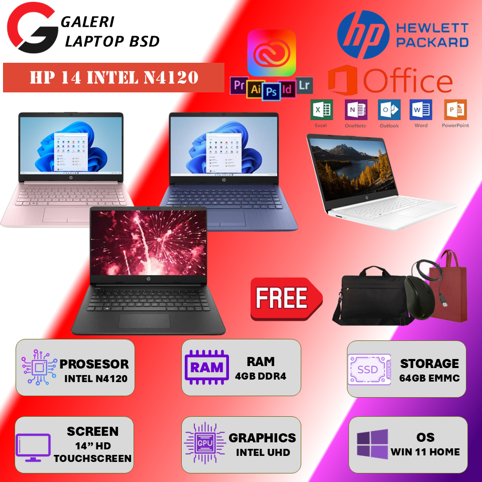 Laptop Touchscreen Murah HP 14 Intel N4120 8GB 64GB EMMC 14.0 HD Win11 Original Terbaru
