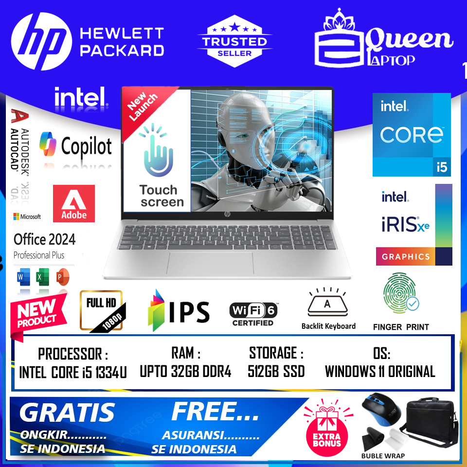 Laptop Baru HP 15 Core i5 1334U Ram UPTO 32GB 1TB SSD Touchscreen 15 inch Fhd silver termurah