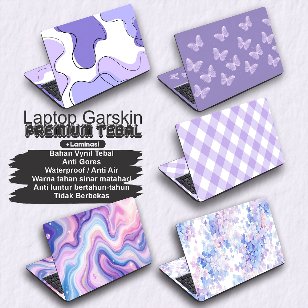 Garskin Laptop Anti Gores Elegant Purple Ungu Pastel Pattern Butterfly Daisy Premium Full set 10 12 