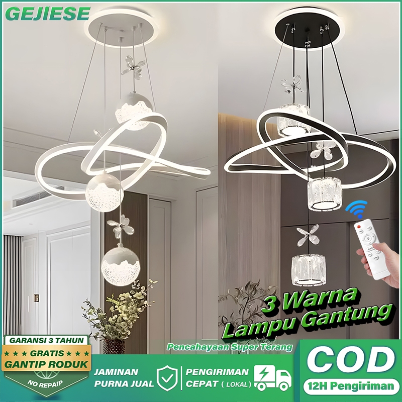 COD Lampu Gantung Minimalis Kristal Lampu Gantung Ruang Tamu Kamar Tidur 3Warna Mewah Lampu Hias