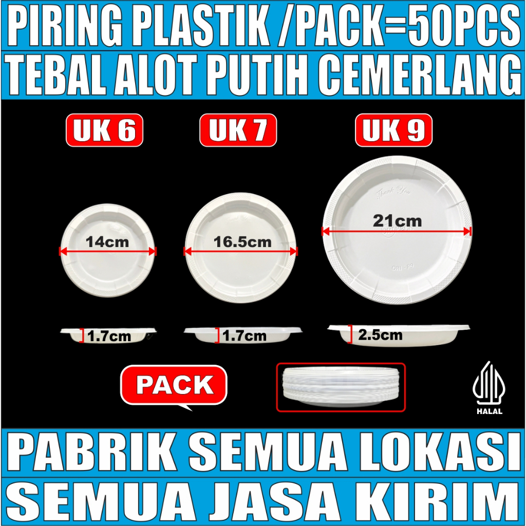 Piring Makan Plastik Tebal Putih Sekali Pakai P6 Uk 6 inch kecil / P7 sedang / P9 Besar Pack JSP