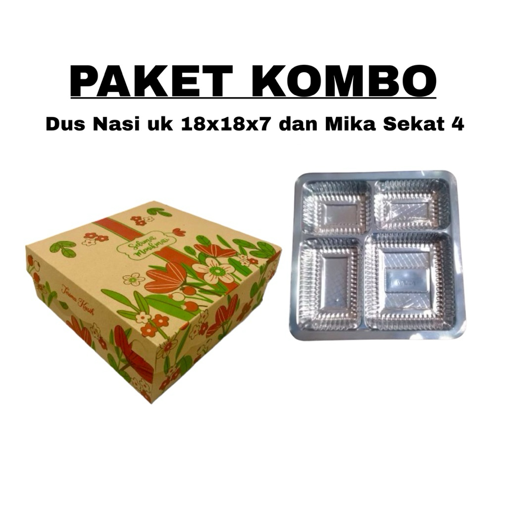 100 Pcs Paket Dus Nasi/Dus Snack dan Mika Sekat 4 || Kardus Nasi 18x18x7 ||
