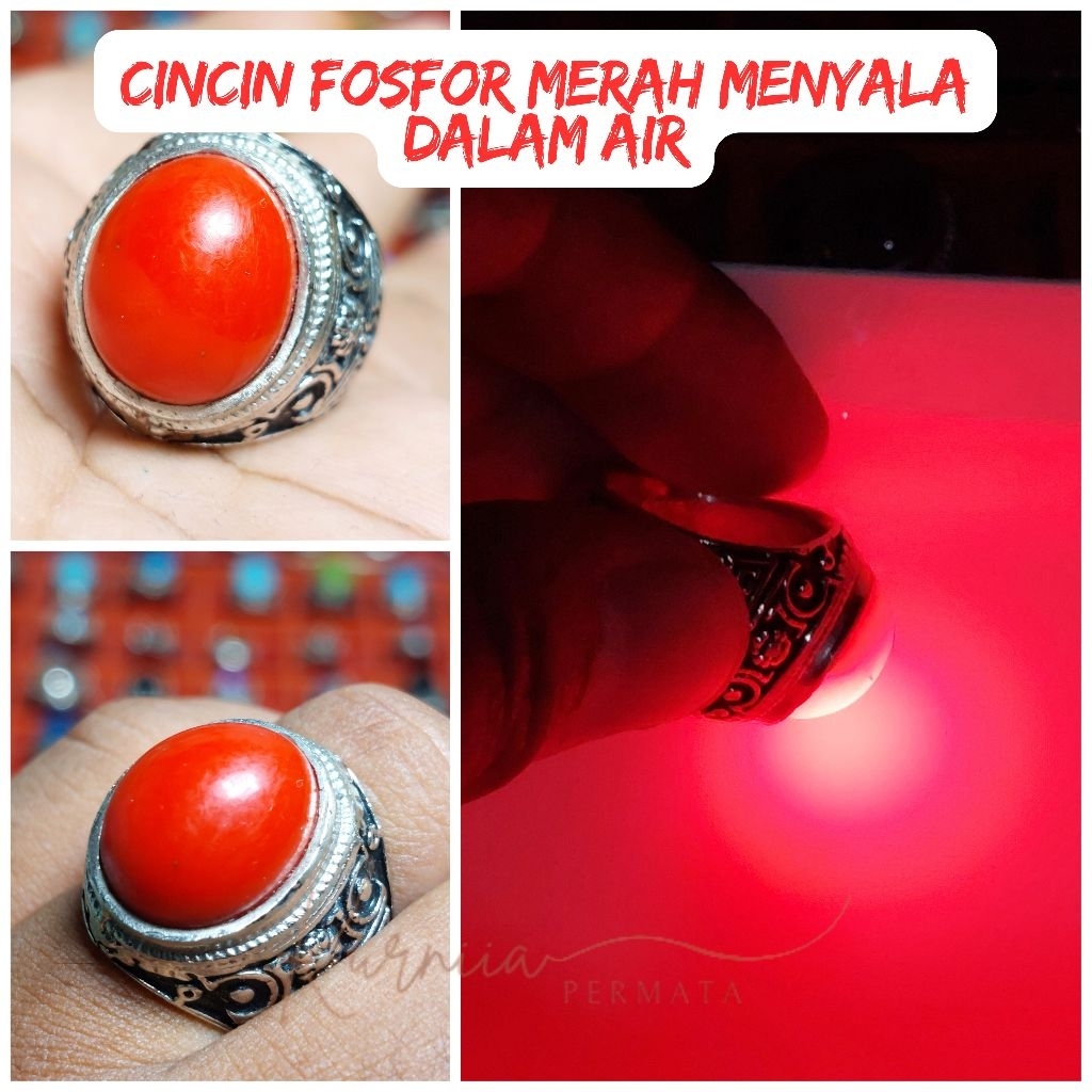 Cincin Batu Fosfor Air Merah Delima Bisa Menyala Didalam Air Rings Akik Alpaka Super Elegan Pria