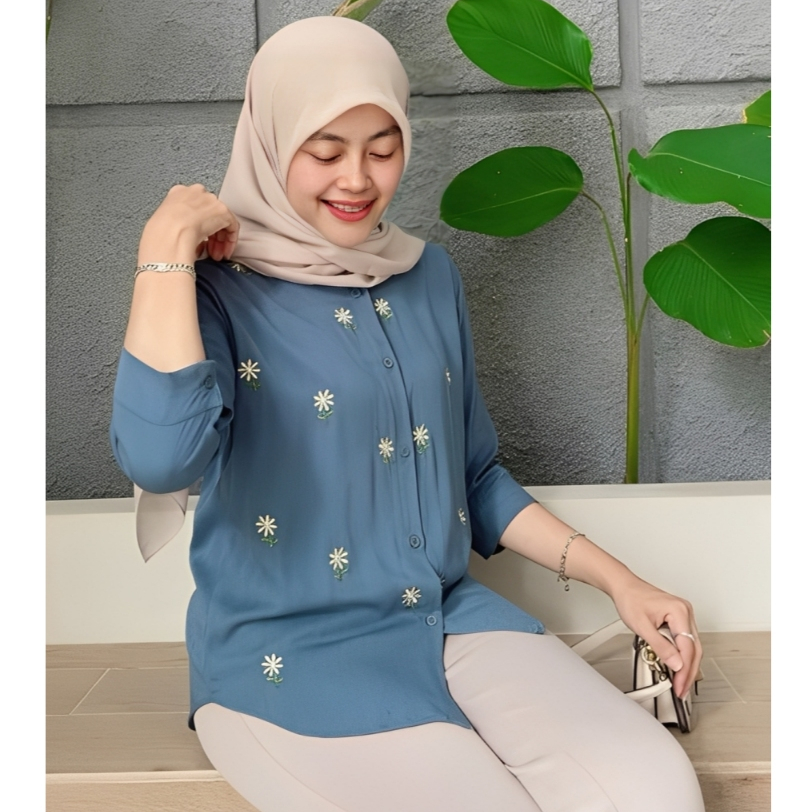 Kemeja Wanita // Atasan Wanita Rayon Bordir Motif Bunga Lengan 7/8 Kualitas Terbaik Ld 120