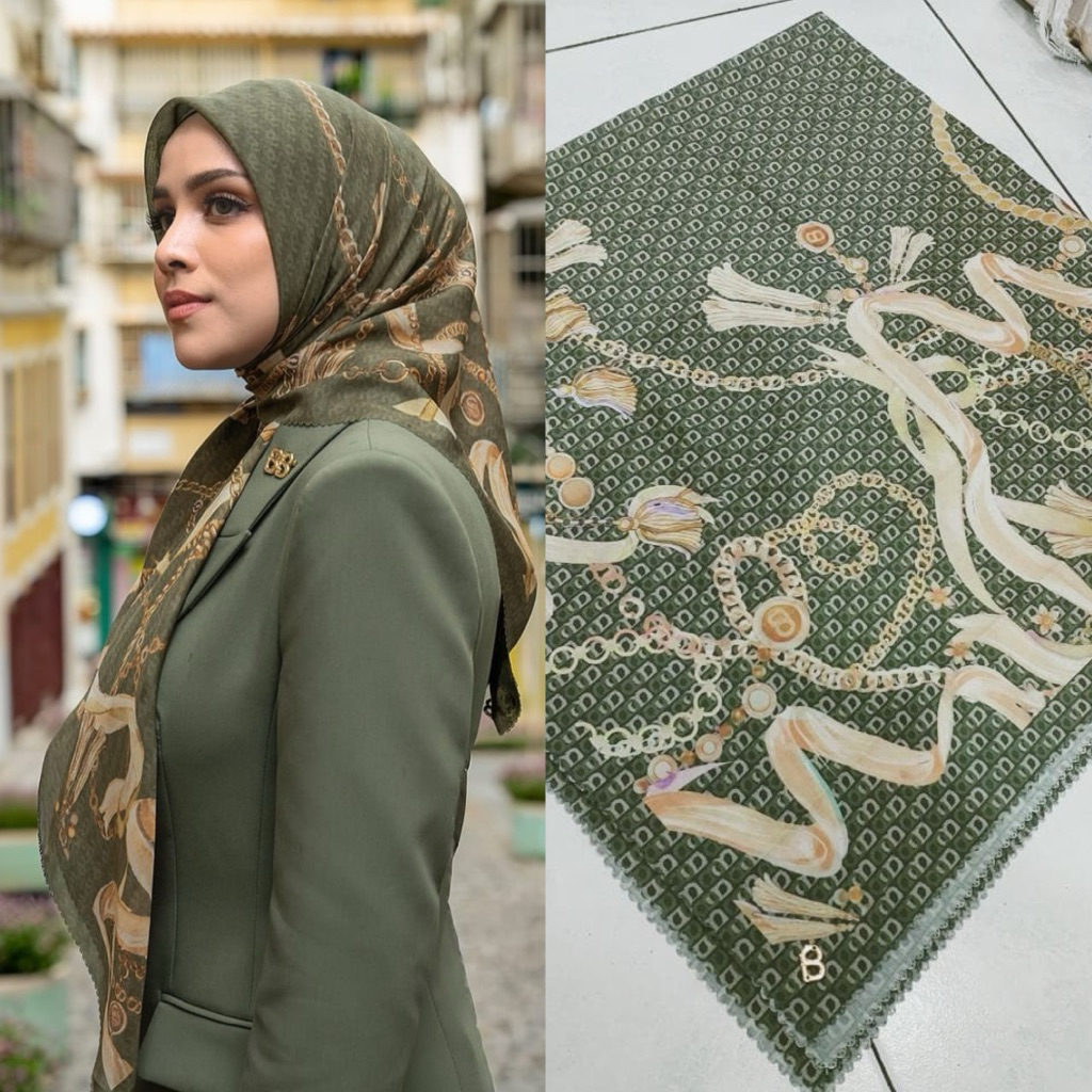 (Lasercut Titik3) Hijab Segiempat Buttonscraves CHAIN Series with Logo plat B Pouch- Jilbab Buttonsc