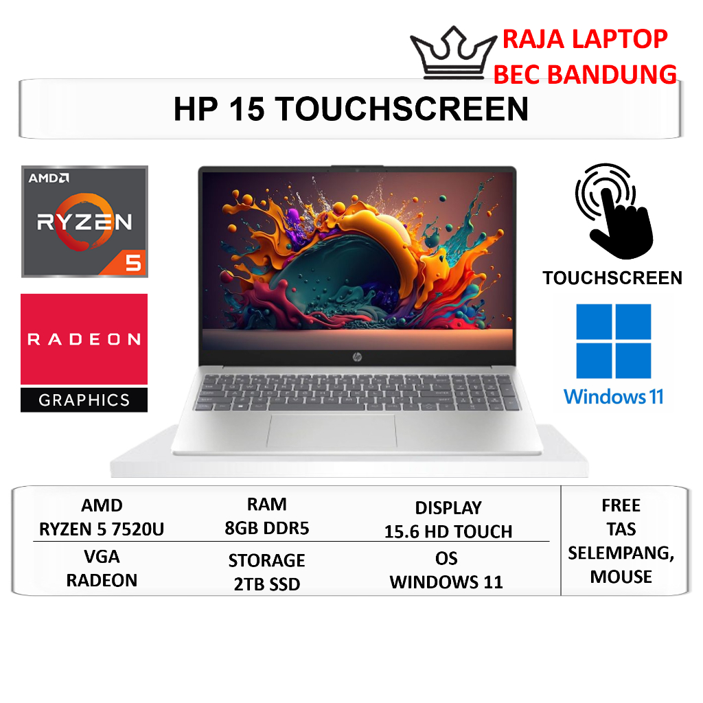 Laptop Gaming HP 15 Ryzen 5 7520U 8GB 2TB SSD 15" Touchscreen Windows 11