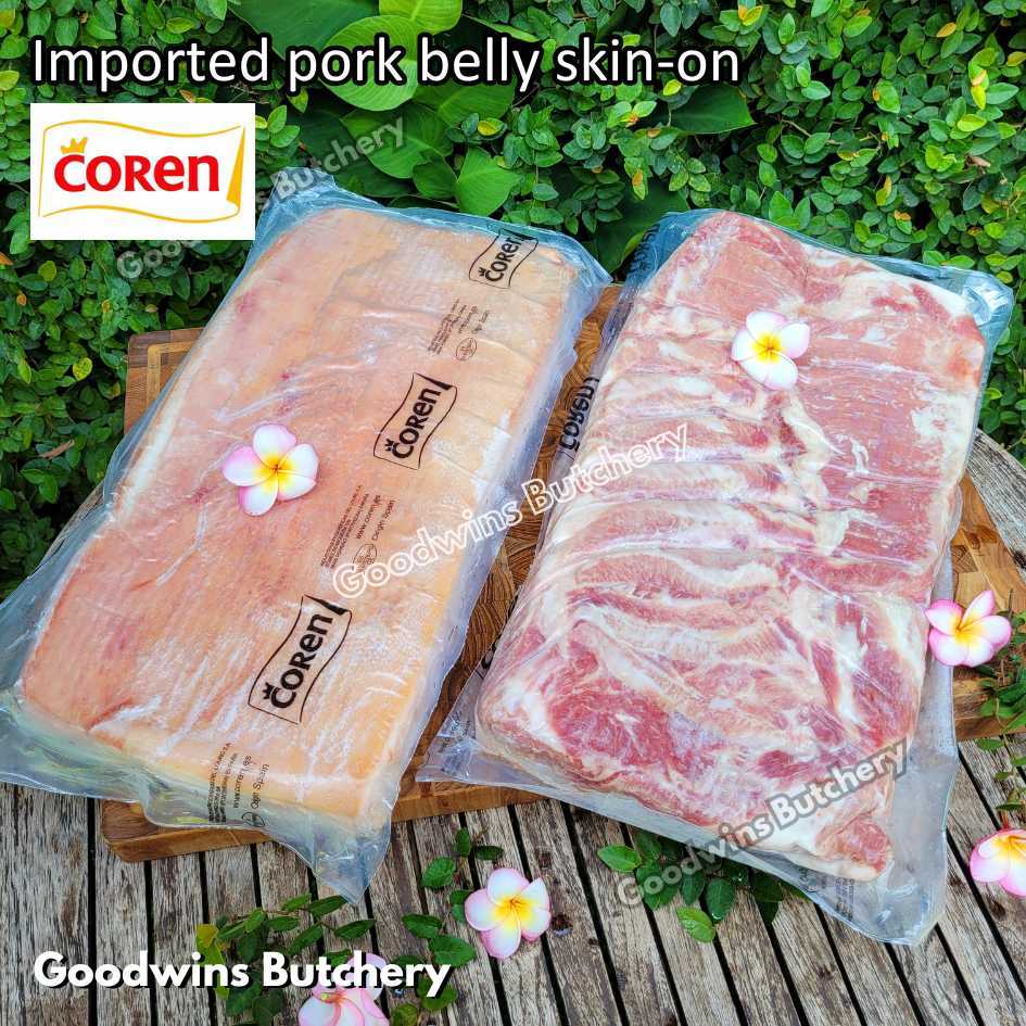 

Pork belly skin-on 6-7kg whole cut samcan babi berkulit import frozen | Spain Coren | Denmark DanishCrown DanePork | Germany Goldschmaus