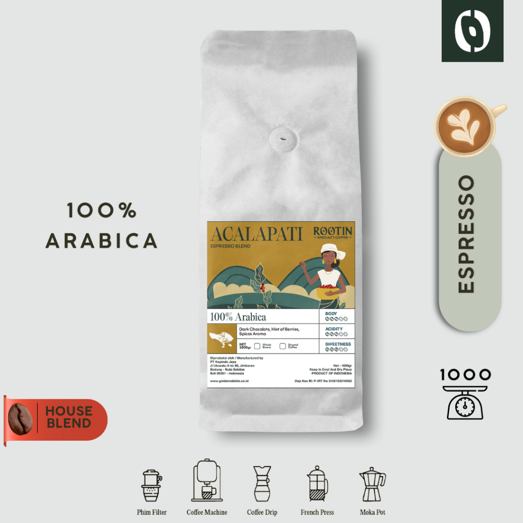 

Rootin Coffee Specialty Acalapati House Blend 100% Arabica Beans Biji dan Bubuk Kopi / 1kg