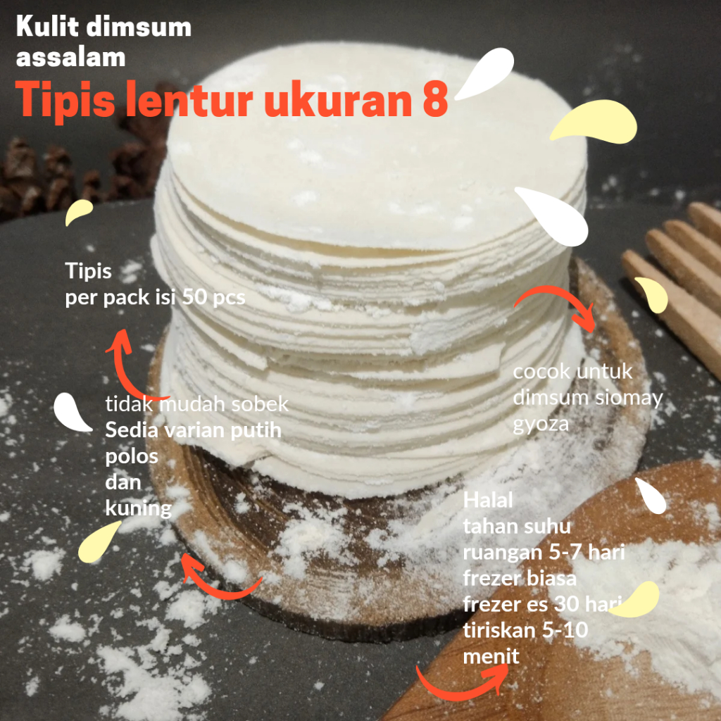 

Kulit dimsum siomay gyoza tipis lentur kotak polos uk.8,5 cm isi 50 lembar