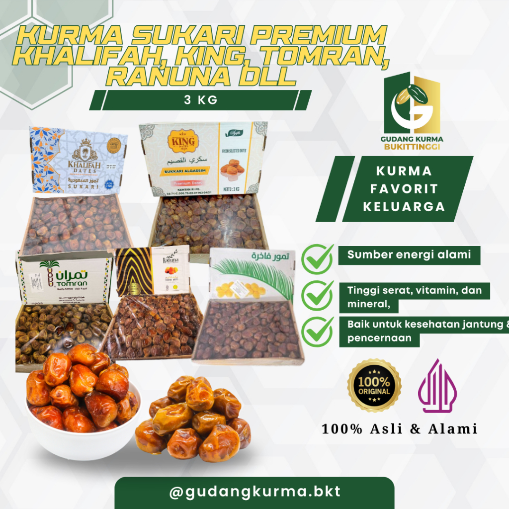 

Kurma Sukari Premium 3kg – Castle Farm, Khalifah, Ranuna, King, Tomran Sticker 100% Original Al-Qassim