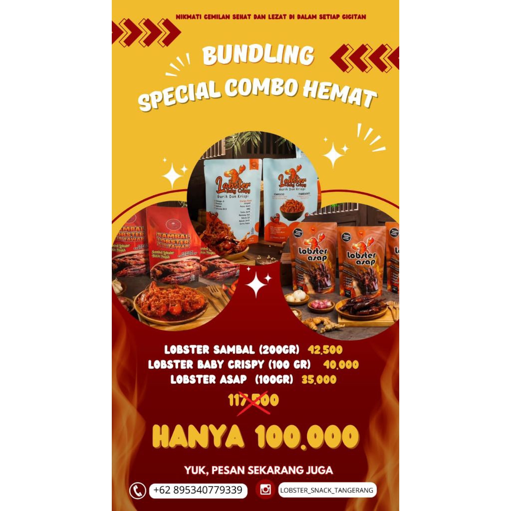 

Bundling Varian 3 Produk Lobster Baby Krispi, Lobster Sambal & Lobster Asap. Lobster Air Tawar 400 gram.