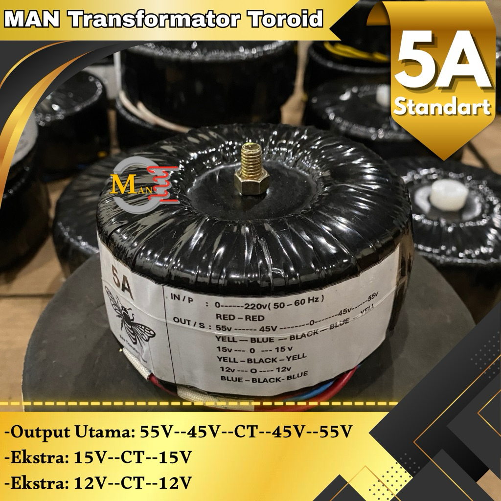 Trafo Toroid Donat 5A CT 55v  45v (Lengkap Baut Pemasangan dan Stiker)