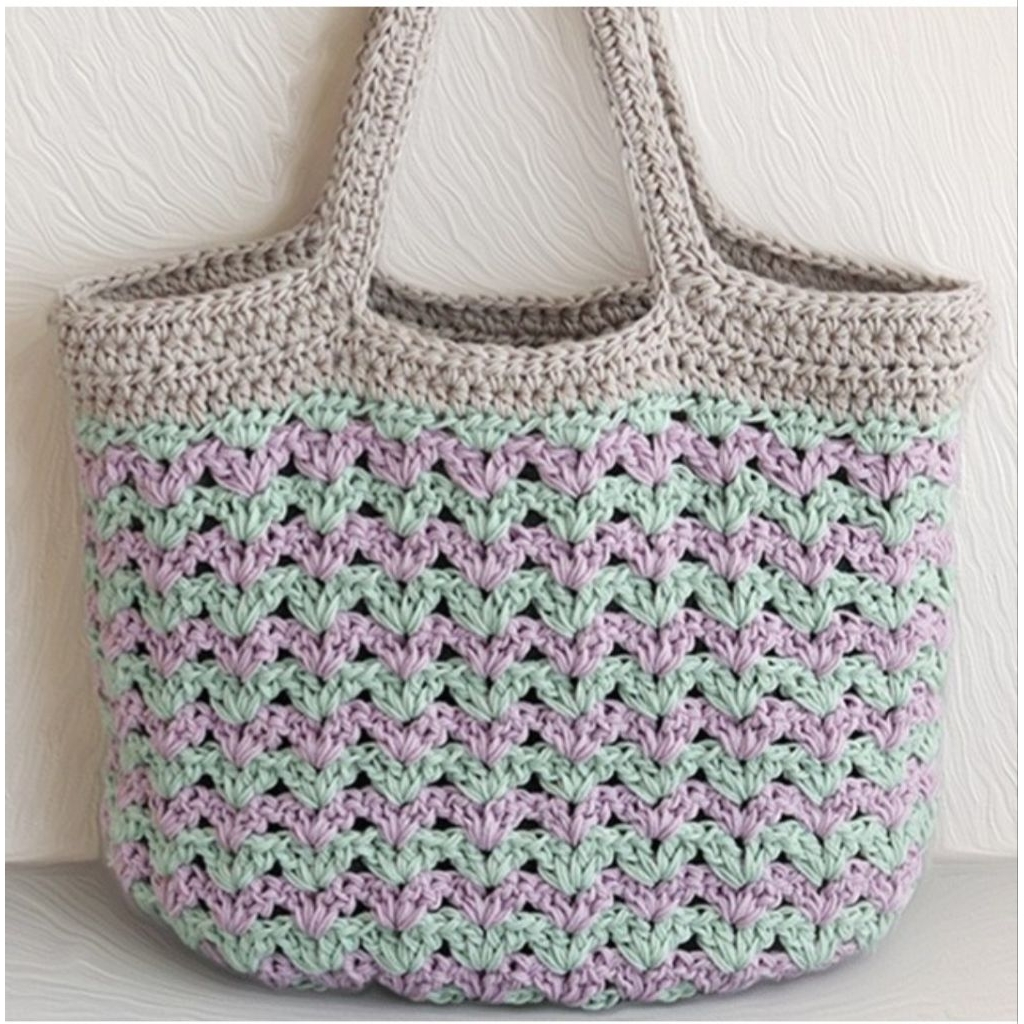 tas rajut kombinasi warna silver,mint dan ungu muda