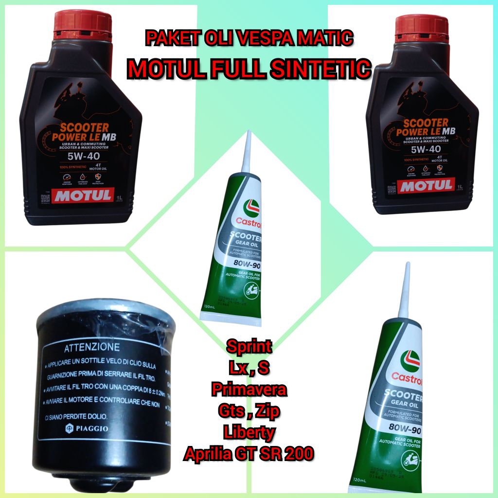 Paket Oli Mesin Motul 100% Syntetic Piaggio Vespa Matic Oli mesin Oli gardan Filter Oli (5W-40)