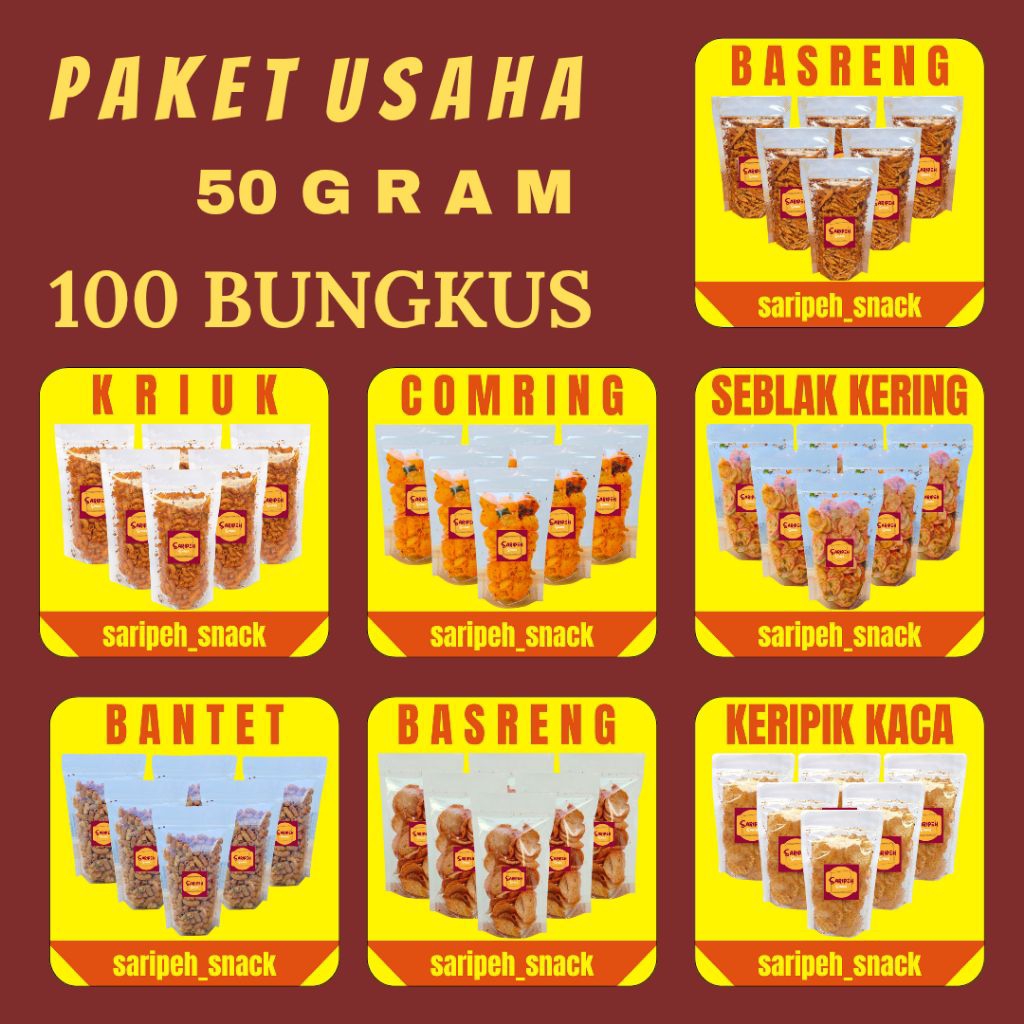 

SARIPEH PAKET USAHA 100 BUNGKUS BASRENG KERIPIK KACA KERUPUK BETON KERUPUK KOIN MAKARONI BANTET MAKARONI KRIUK BASRENG KOIN COMRING Pedas Original Daun Jeruk Saripeh_snack
