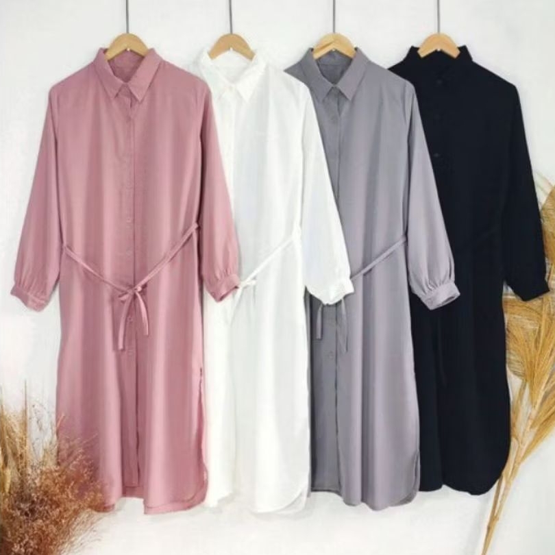 Atasan Panjang Tunik Wanita Polos Lengan Kerut Tali Pinggang