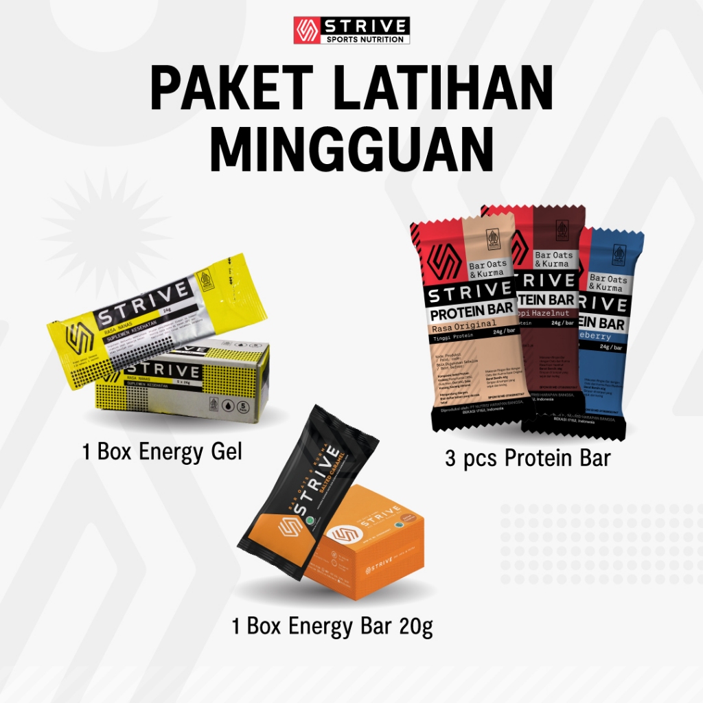 

STRIVE - Paket Latihan Mingguan #2 (Energy Gel + Energy Bar Bite Size + Protein Bar)