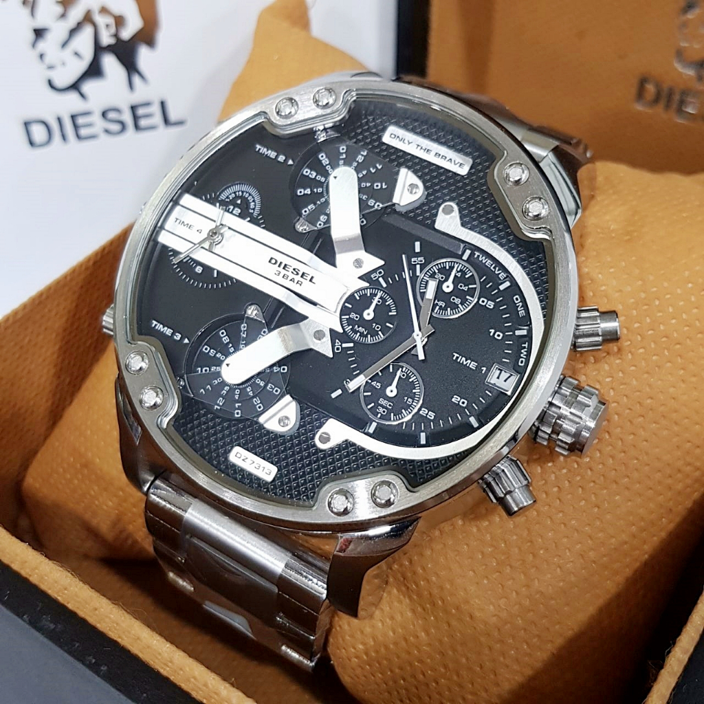 Jam Tangan Pria Big Size DL DZ7313 DZ7888 Mr. Da**y 2.0 4Time Chronograph Black Dial Silver Steel