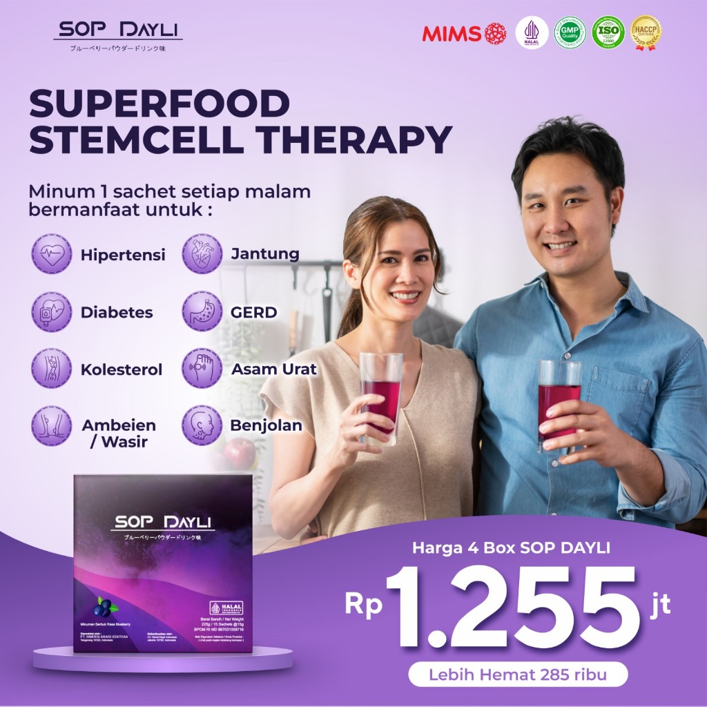 

SOP Dayli Minuman Stemcell Premium | 4 Box (60 Sachet) | Bantu Atasi Gerd, Diabetes, Asam Urat, Darah Tinggi, Kolesterol, Tumor & Kanker | Booster Regenerasi Sel