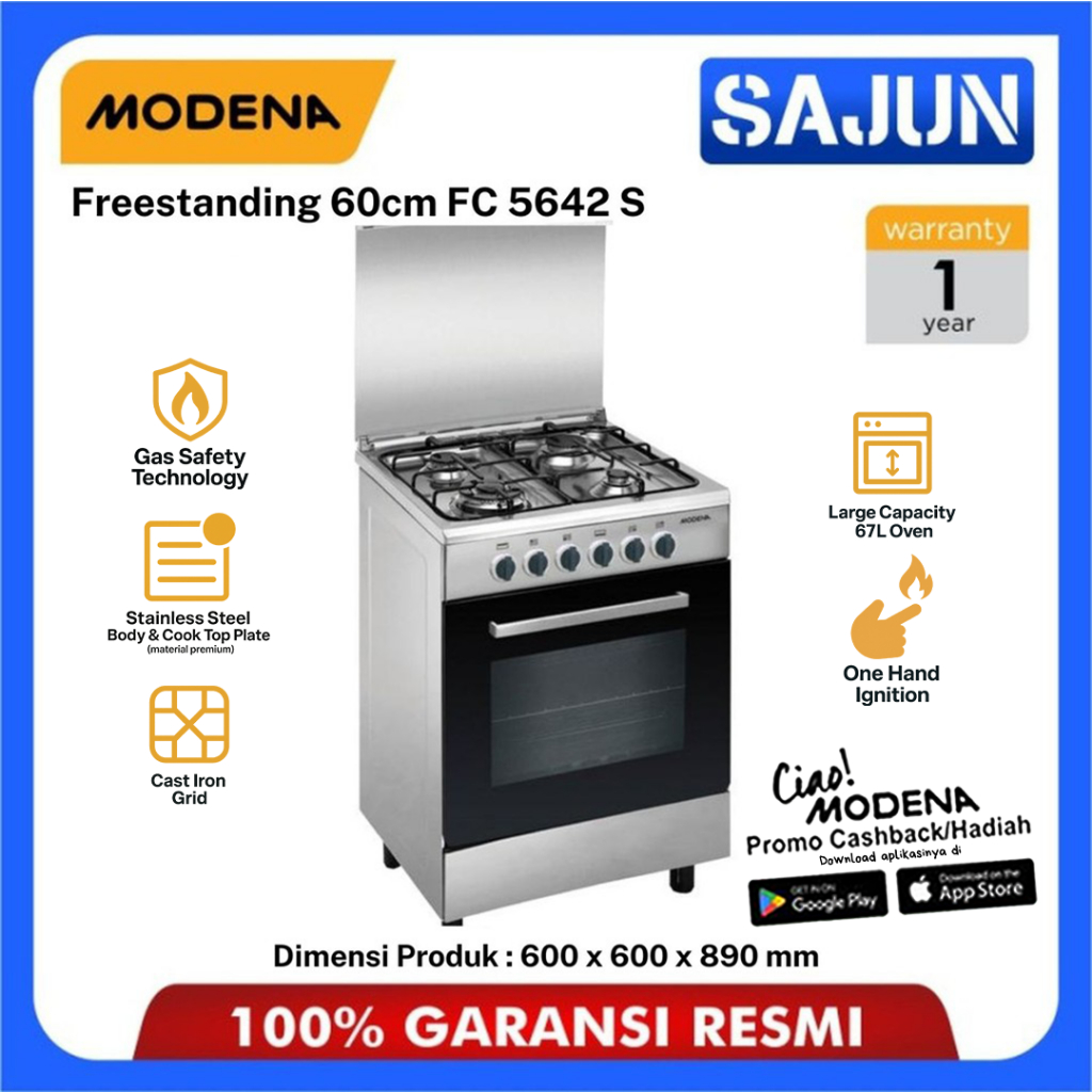 Modena Kompor Gas Freestanding FC 5642 S / FC5642S - 4 tungku 60 cm Stainless Steel Italian Burner