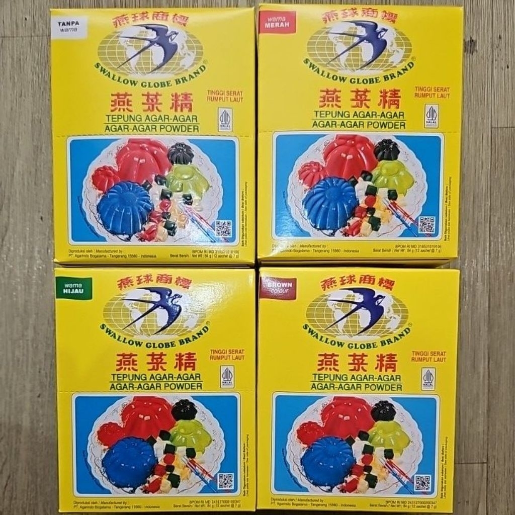 

Agar Swallow Globe Brand Plain, Merah, Hijau & Coklat 7gr