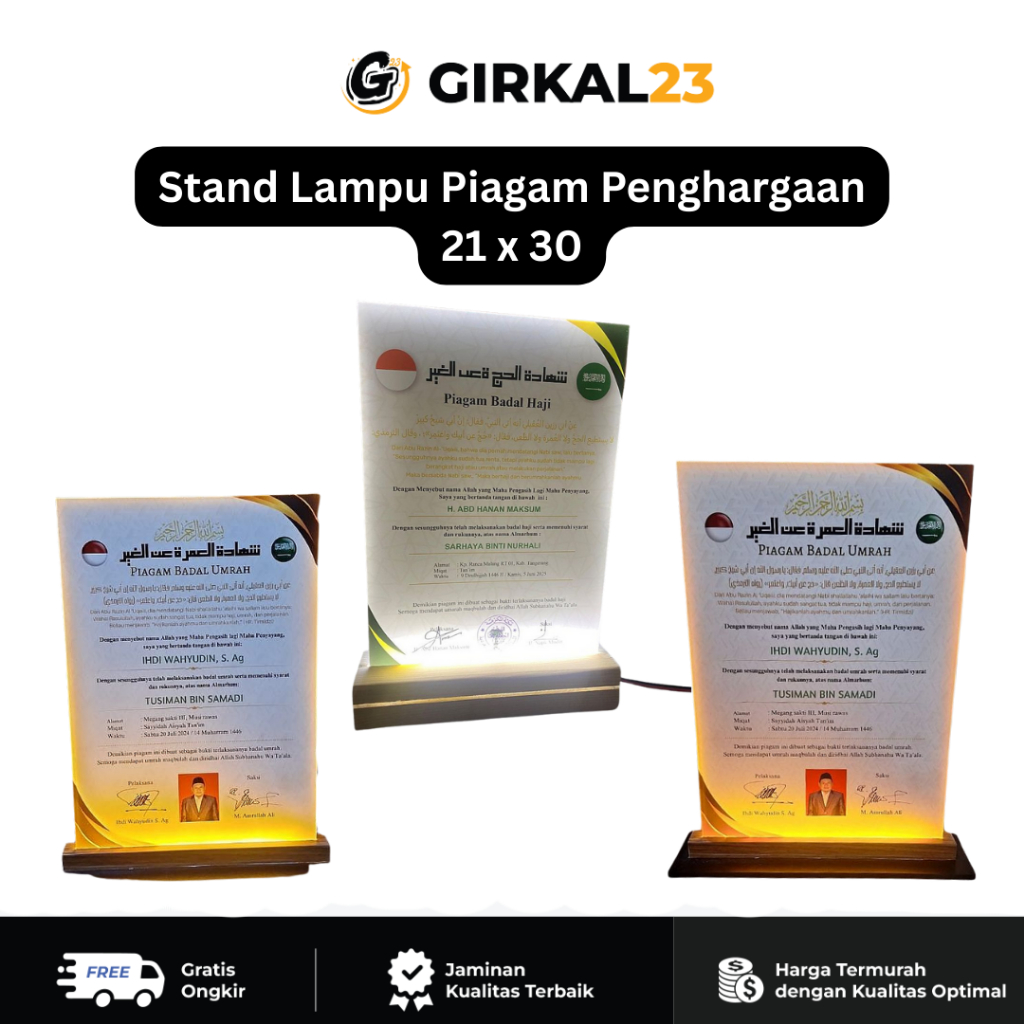 Stand Lampu Piagam Penghargaan 21x30 cm – Akrilik LED Elegan Pajangan Sertifikat
