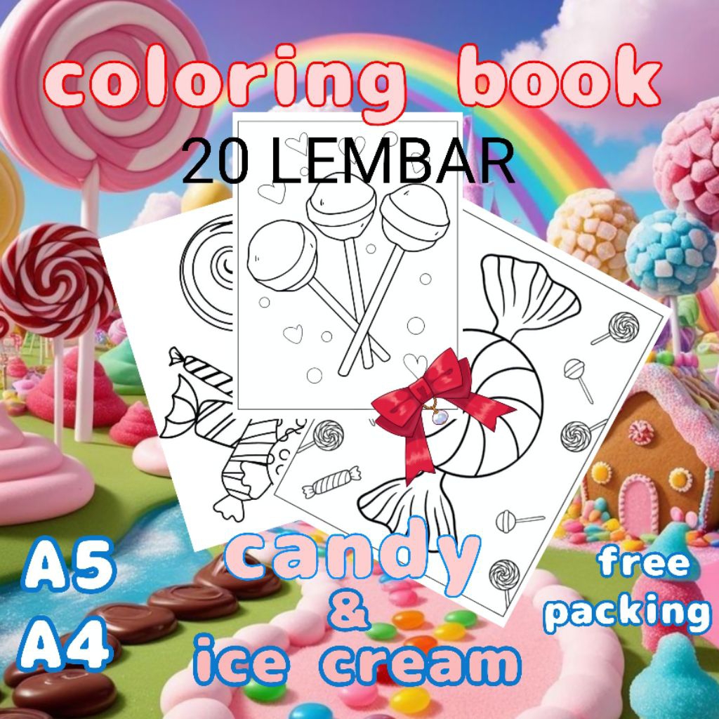 

20 lembar Kertas mewarnai (coloringbook) ukuran A5 dan A4 tema permen