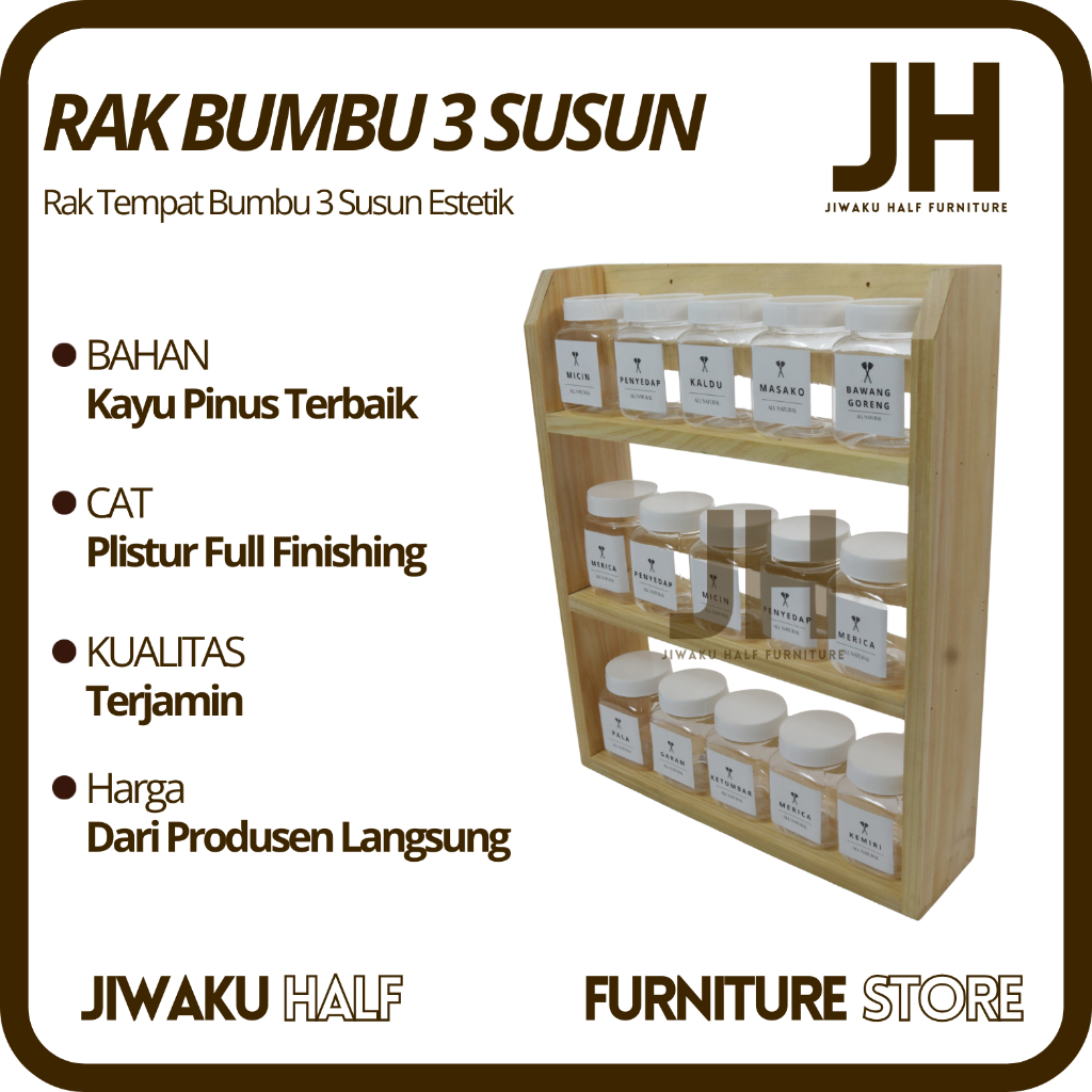 Rak Bumbu Dapur Kayu 3 Susun Rak Tempat Bumbu 3 Tingkat Rak Kayu Set Toples Putih 200ml