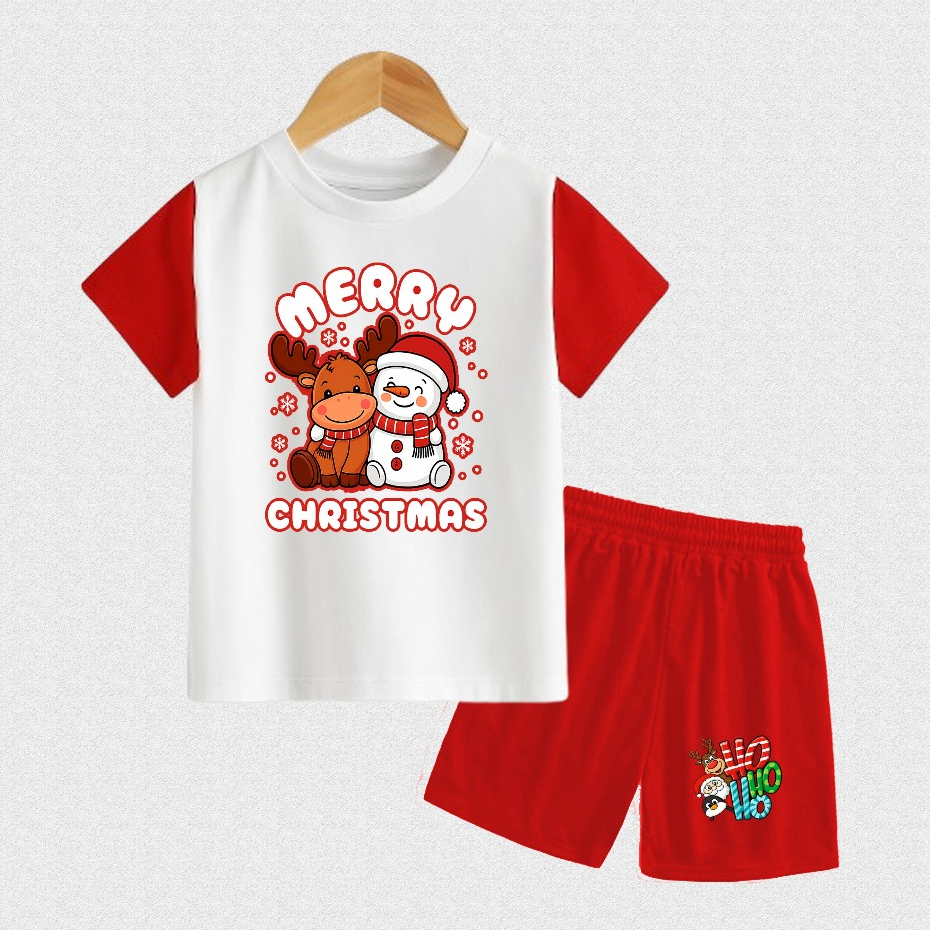 Setelan Kaos Lengan Pendek Anak Cowok Cewek Baju Anak Laki-Laki Usia 2-9Tahun Karakter Natal Rusa Sa