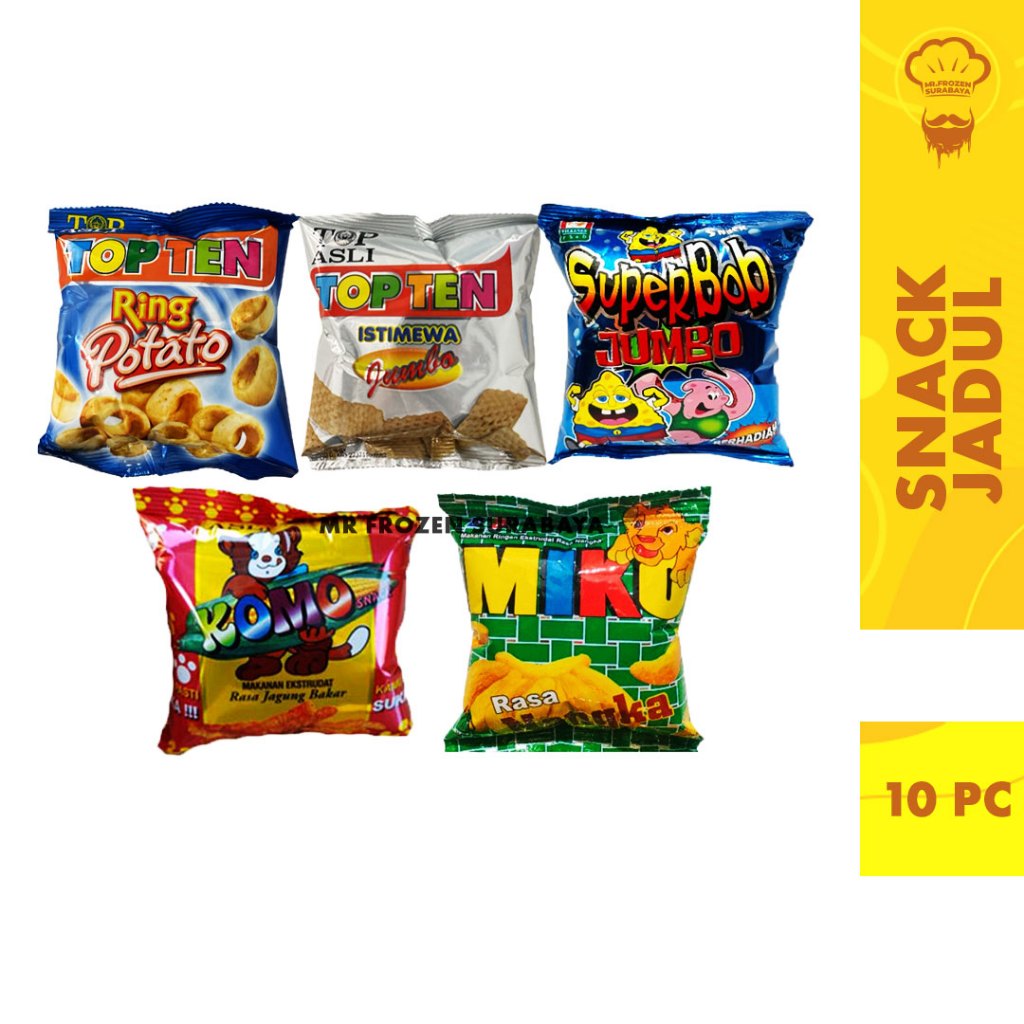 

Aneka Snack Jadul Topten Ring Komo Jagung Miko Nangka Superbob Isi 10 pc