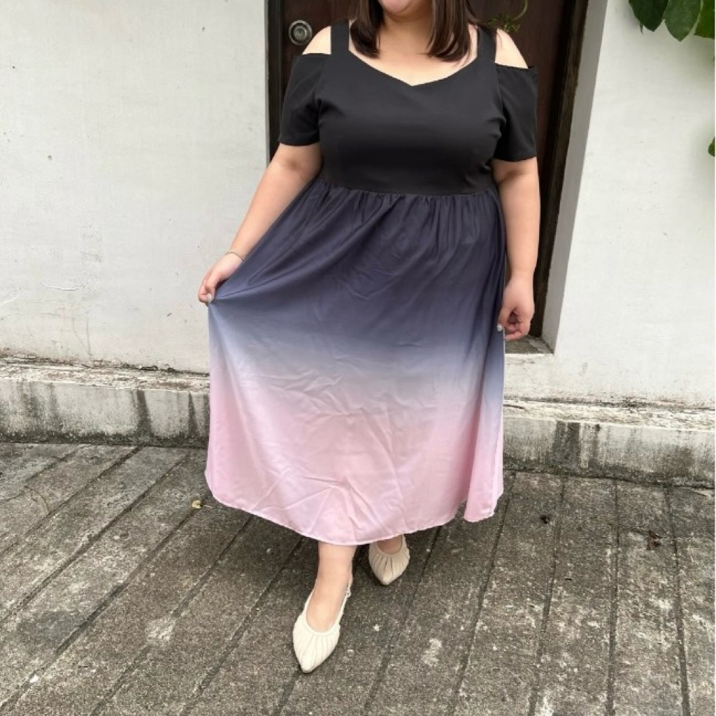 𝙋𝙍𝙀𝙇𝙊𝙑𝙀𝘿 Love Pretty Plus Black Cold Shoulder Tie Dye Midi Long Dress Plus Size Jumbo Fashion Wanita