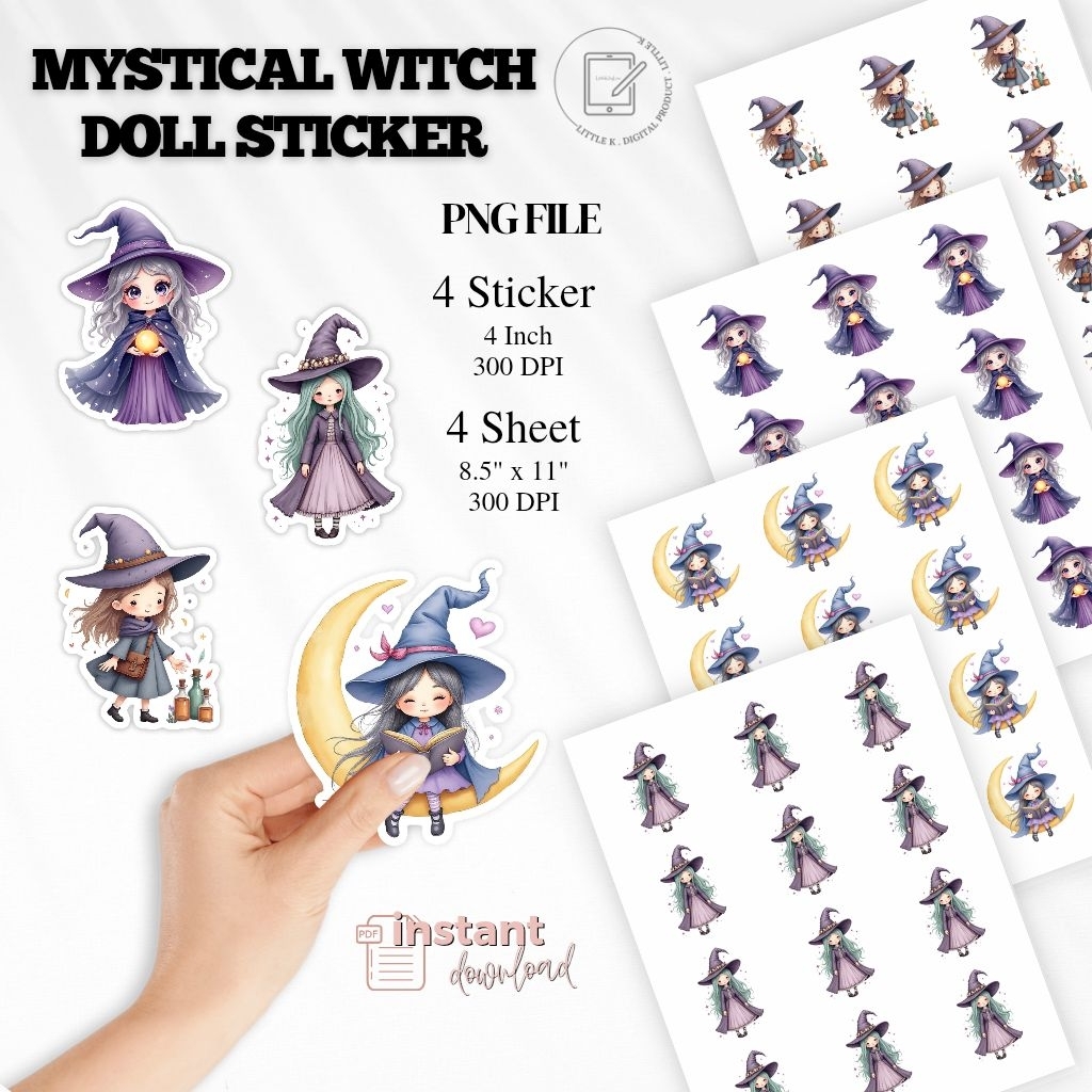 

Mystical Witch Doll Printable Stickers – Cute Digital PNG Sticker Sheets for Planner, Scrapbooking & Instant Download