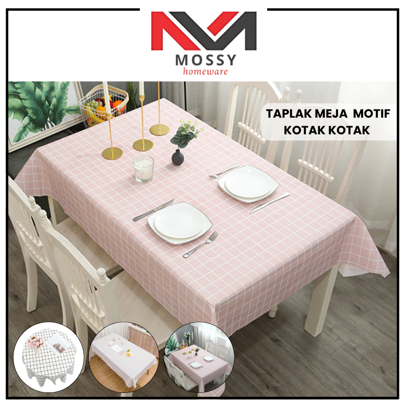 MOSSY Taplak Meja Anti Air Motif Kotak Kotak Bahan PEVA Taplak Meja Makan Kotak Anti Air Waterproof 