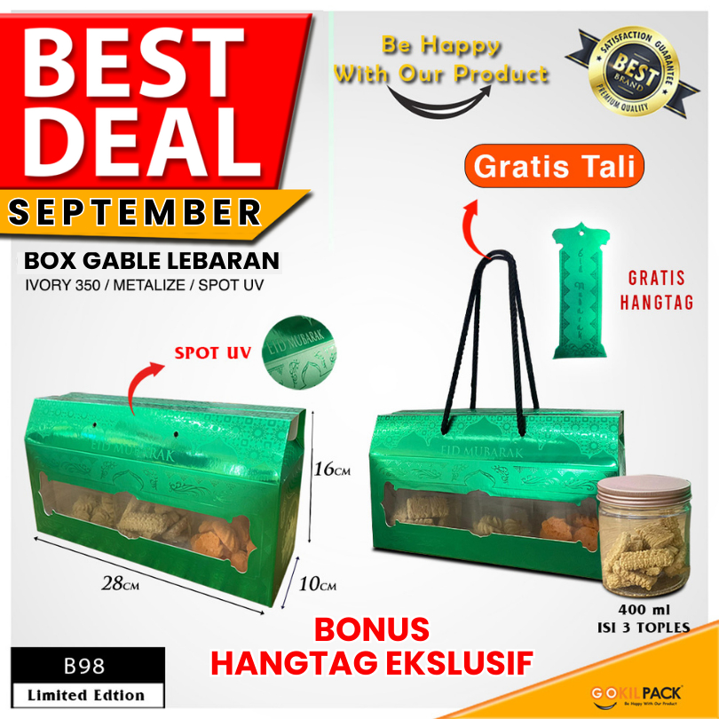 

Box Hampers Lebaran / Gable Box Tali / Kotak Idul Fitri Tenteng Metalize / B98