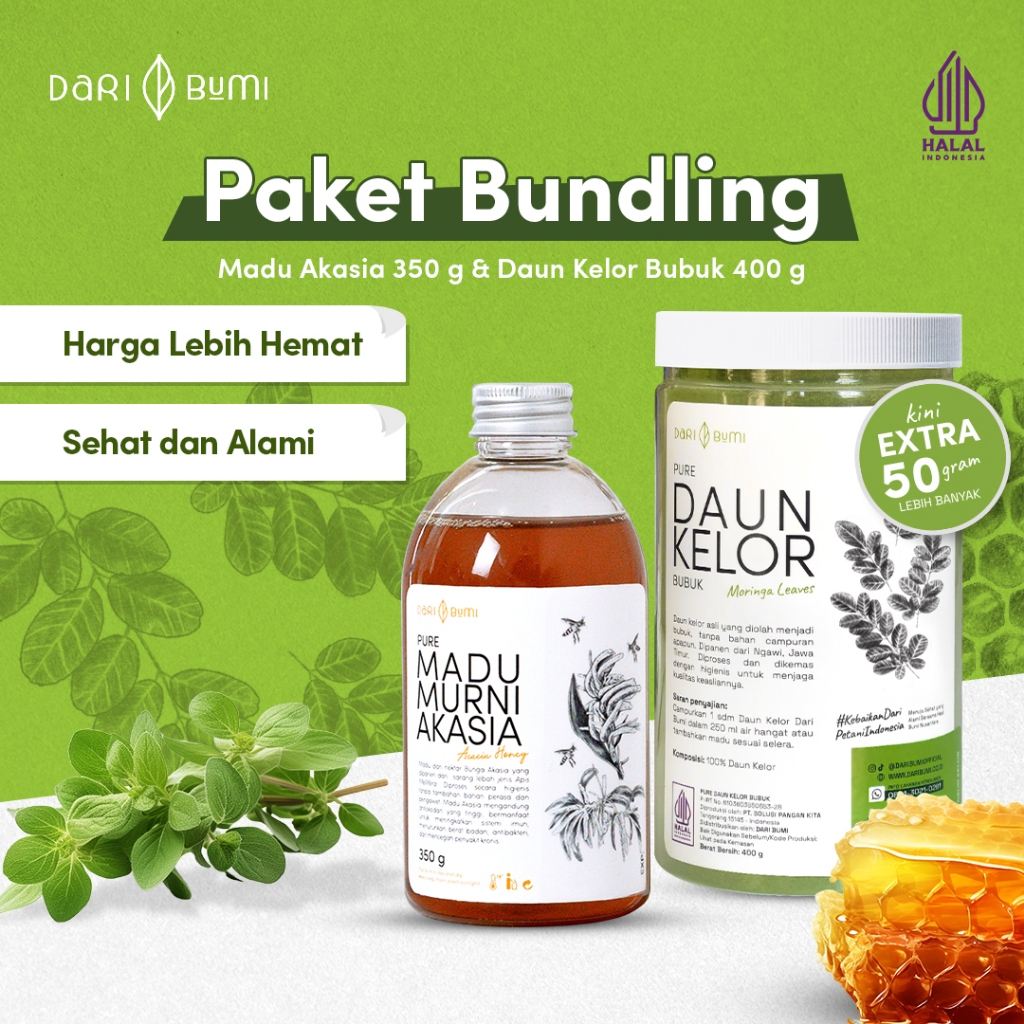 Sena - Dari Bumi Paket Bulking Alami Daun Kelor Moringa Bubuk DanMurni Gram Varian Raw Honey Asli