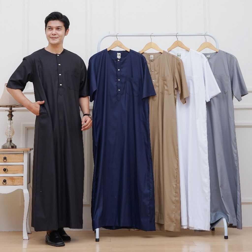 Gamis Oman Kerah Oblong/Jubah Oman-Thobes-Lengan pendak-Gamis Pria Dewasa/Gamis Katun Toyobo Snap Bu