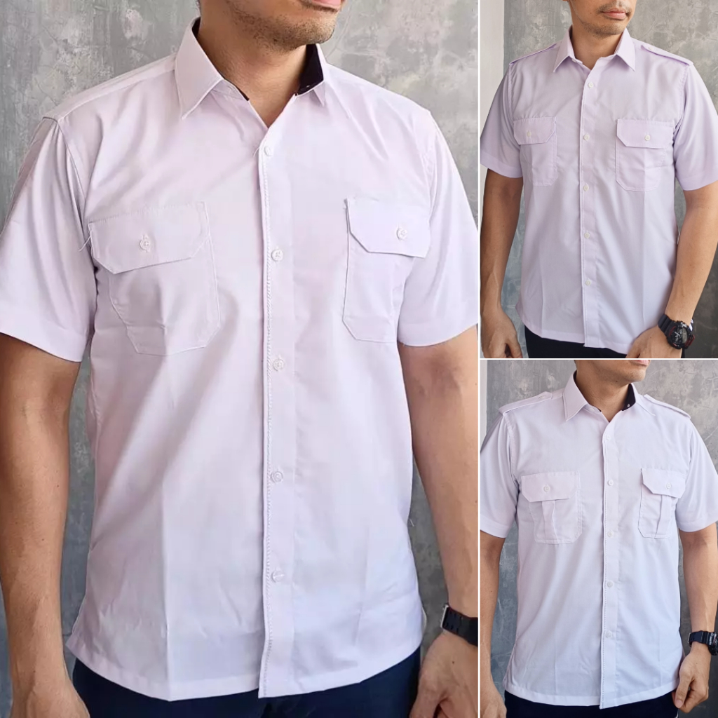 Kemeja Pria Putih Kantong Dua Benang Rantai Smuk Fenton Roche Lengan Pendek