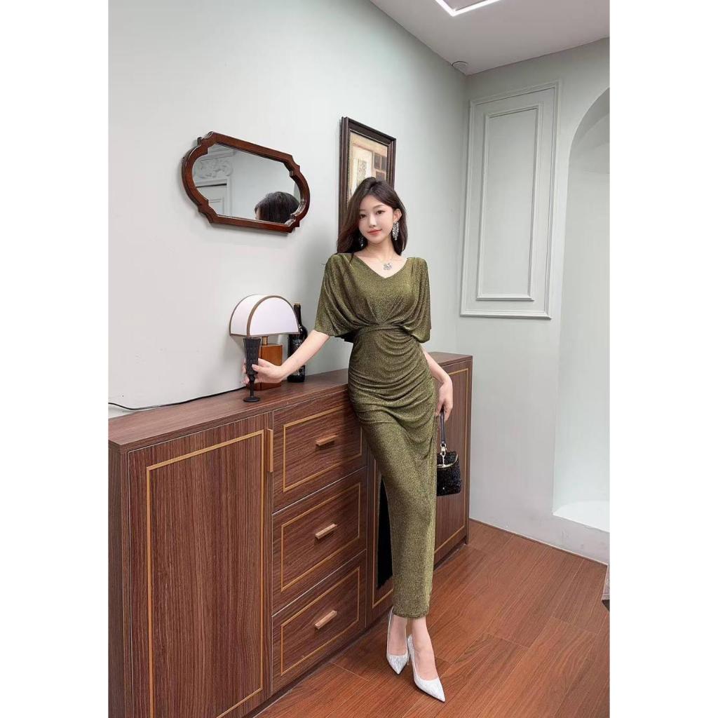 Gaun Pesta Elegan One Shoulder Warna Olive Gold – Dress Kondangan Wanita Premium