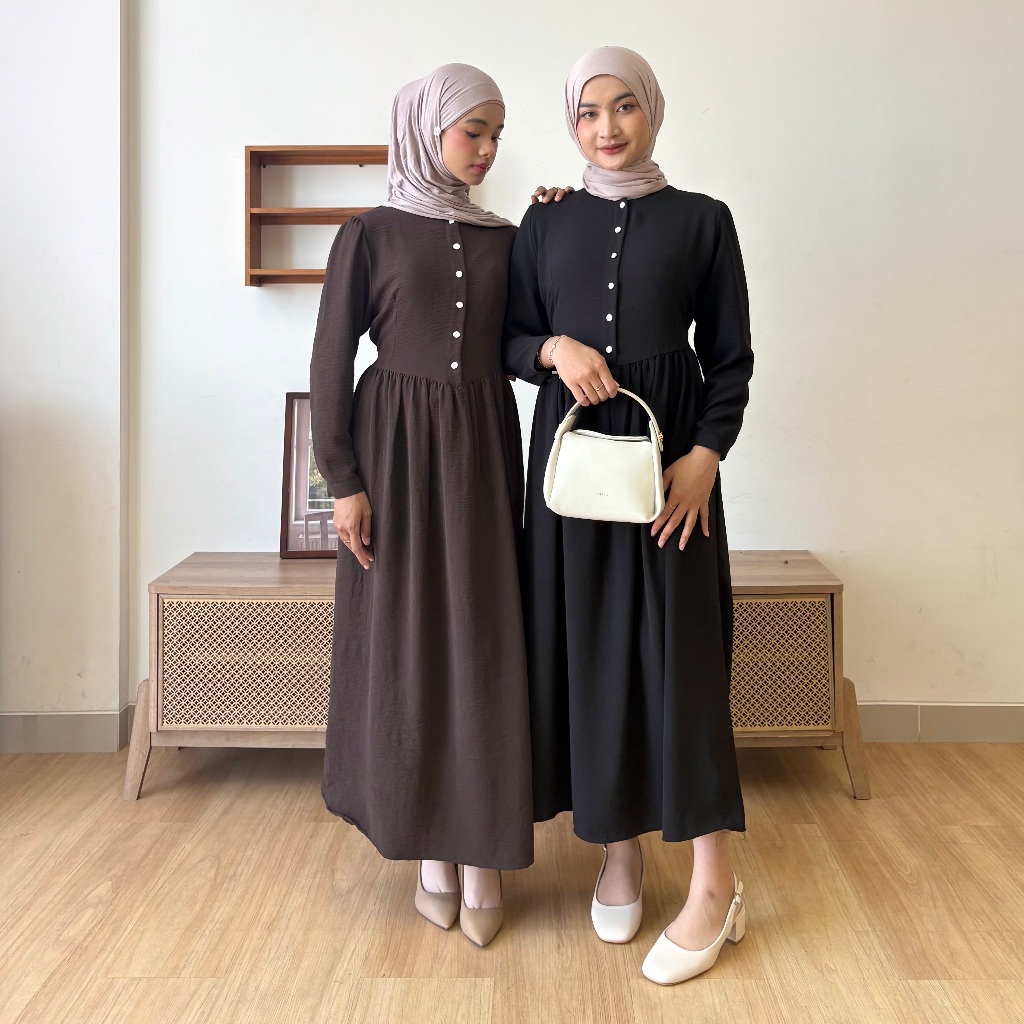 FLOWEAR Viola Dress Wanita Vintage Gamis Remaja Kekinian Bahan Crinkle Airflow Premium Earth Tone