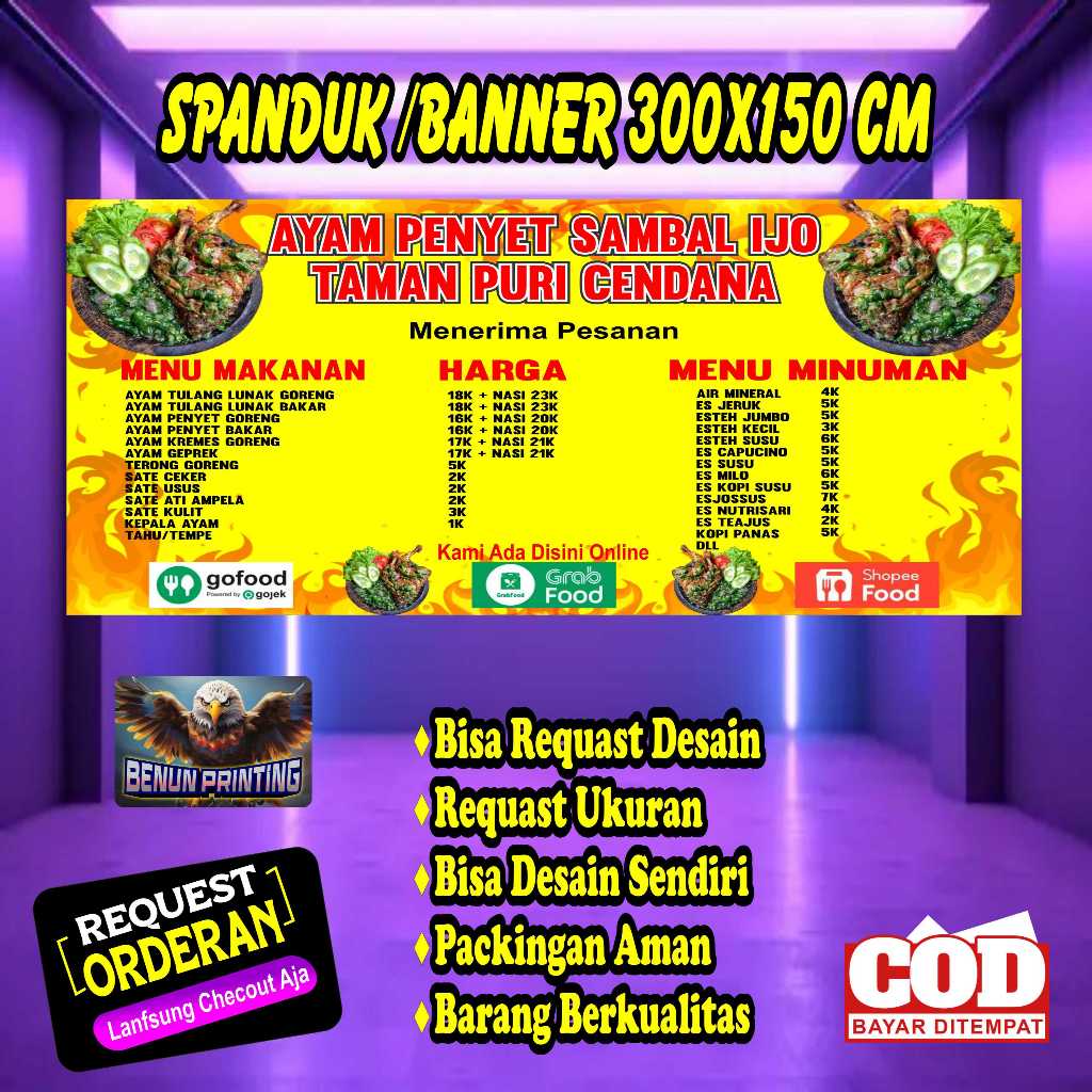 Spanduk Banner Ayam Penyet Sambel Ijo Custom Free Desain & Ukuran 300x150 Cm
