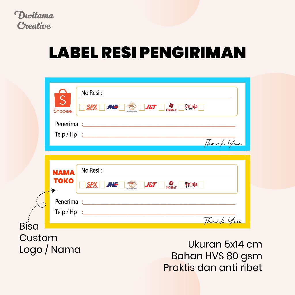 

Label Resi Pengiriman Shopee Online Shop Custom | Ukuran 5x14 cm Isi 50 Pcs | Kertas HVS
