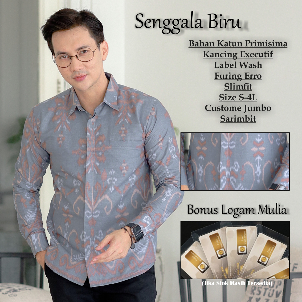 PERKASA BATIK Motif Senggala Biru Atasan Kemeja Batik Pria Premium Lengan Panjang Slimfit Bahan Katu