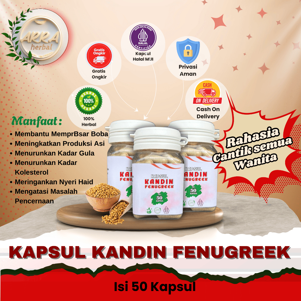 Kapsul Klabet Kandin Fenugreek Arra Herbal asli isi 100 Kapsul